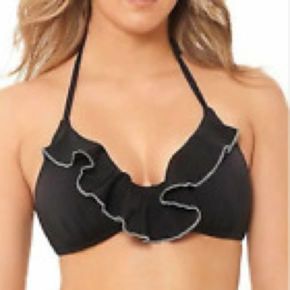 Salt + Cove Women's Black Ruffle Trimmed Push-Up Halter Bikini Swim Top Junior’s - Picture 1 of 3
